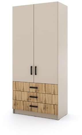 Marlux-Meble Kleiderschrank Sigma 90 cm breit mit 2 Drehtüren und 3 Schubladen Korpus in Kaschmir Schlafzimmerschrank Kinderzimmerschrank Systemschrank (Türen-Kaschmir, Schubladen-Wotan-Eiche)