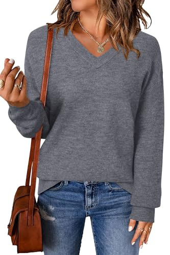 Arach&Cloz Sweaters for Women Wool Blend 2026 Spring Winter Fashion Clothes Pullover Tops Trendy Clothing V Neck Long Sleeve Dressy Business Casual Blouses Knit Cashmere Outfits Dark Grey L