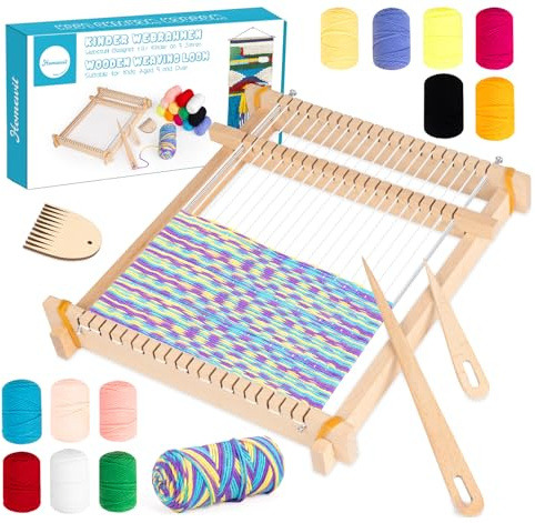 Homewit Weaving Loom Kit for Kids, 24x28cm Large Wooden Knitting Loom with 12 Yarns,Metal Frame, Rods, Combs and Shuttles, Knitting Machine for Schools, Home, Craft Groups