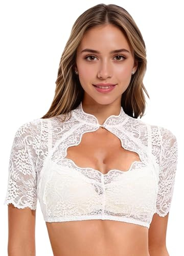 Moerstar Camicia Dirndl Bianco in Pizzo a Maniche Corte da Donna, Dirndl Bluse Sexy Elegante con Scollo a V, Camicia Pizzo Donna Tradizionale Bavarese Oktoberfest