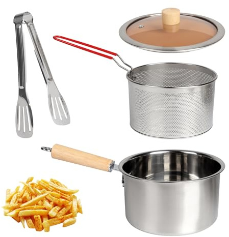 Mini Friteuse avec Panier Passoire, Marmite en Acier Inoxydable avec Couvercle Poignée étendue, Petite Friteuse à Economie Japonais, pour Frites, Poisson, Aile de Poulet