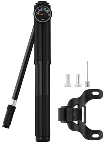 JULAI Minibomba de bicicleta con manómetro, bomba de marco portátil, bomba de impacto para horquilla y suspensión trasera, compatible con válvulas Presta y Schrader, para bicicleta de carretera