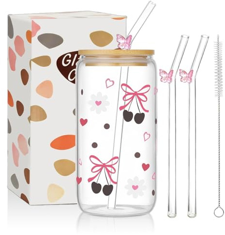COEWUR Glass Ice Coffee Cup with Straw and Lid, 16 Oz Pink Bow Glass Tumbler with Straw and Lid, Cute Matcha Glasses Elegant Bubble Tea Cup for Women Girls Friends for Coffee Milk Smoothie
