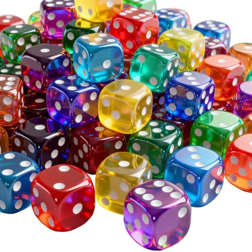 PLUSHCEWT 50 Pcs 10mm Translucent Rounded Corner Dice Set - 10 Vibrant Colors for Dice Games,Board Games,Parties,Classroom Math Aids & DIY Crafts