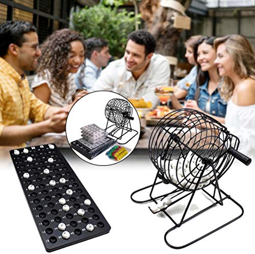 POENVFPO Set da Gioco Deluxe Bingo, Gabbia da Bingo in Metallo con 75 Palline, 150 Fiches e 18 Carte per Divertimento con la Famiglia e Gli Amici (Colore Assortito)