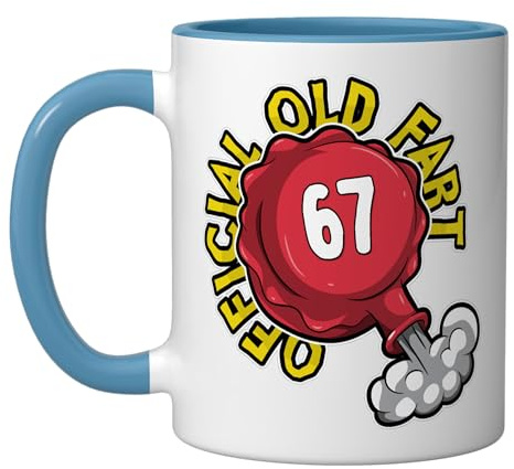 67th Birthday Official Old Fart Funny Red Whopee Cushion Ceramic Mug, Blue/White