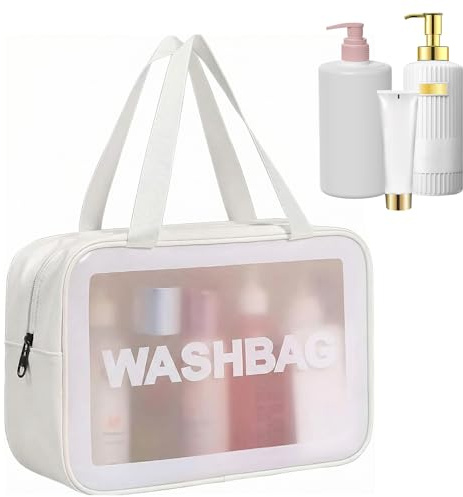 ZYEKIU Sminkväska genomskinlig, PVC vattentät makeupväska necessär kosmetikväska, sminkväska med handtag, sminkväska stor kapacitet för hemmet pendling resor, Vit, 31×12×21CM, Klassisk