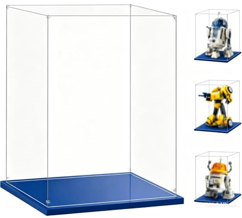 3mm Vitrina acrílica Transparente, Vitrina Expositora para Lego, Caja de Acrílico para el Hogar para Objetos de Colección，Caja de Acrílico con Base Azul para el Hogar (25x25x45CM)