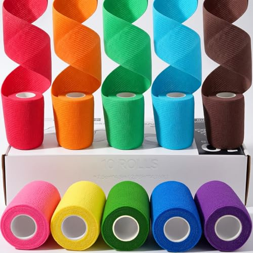 HONYAO Självhäftande Bandage 10 Rullar, 7,5cm x 4,5m Self Adhesive Bandage för Hundar Katter, Kohäsiv Binda för Sport Handled Fotled Sträckning Vrickningar Svullnad Första Hjälpen, 10 Färger