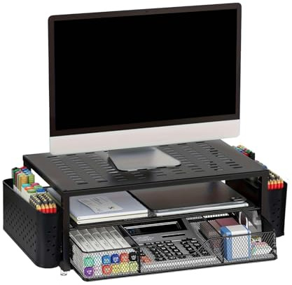Alzaschermo con Cassetto e 2 Portapenne – Organizzatore da Scrivania Ergonomico per Monitor e Laptop, Supporto per Accessori Ufficio e Sistema di Archiviazione per Home Office