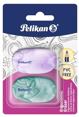 Pelikan Ergonomiska radergummi, set med 2, PVC-fria och dammfria, mjukt termoplastiskt gummi, för grafitpennor, marmoreffekt i 4 färger (blå, grön, lila, orange)