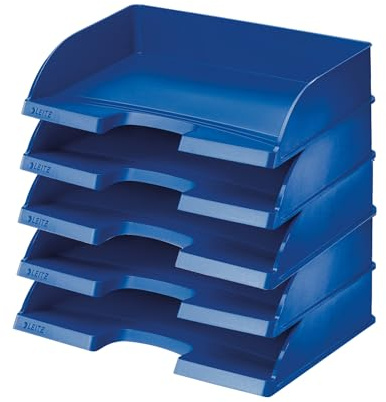 Leitz Briefkorb Querformat A4, 5er Pack, Briefablage in Premium-Qualität, Stapelbare Ablagefächer als Schreibtisch-Organizer, Kombinierbar mit Plus-Serie, Blau, 52180035