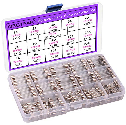 QBGTFAK 250 fusibili rapidi in vetro assortiti, 250 V, 1 A, 2 A, 3 A, 5 A, 6 A, 7 A, 8 A, 10 A, 15 A, 20 A, 6 x 30 mm, 250 V 1 A, 5 A, 10 A, 15 A, 20 A, 5 x 20 mm (5 x 20 mm e 6 x 30 mm)