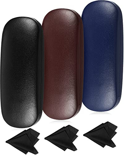 Frienda 3 Pieces Hard Shell Glasses Case Eyeglass Case Protective Sunglass Holder with Cleaning Cloth for Men Women Unisex(Blue, Brown, Black)