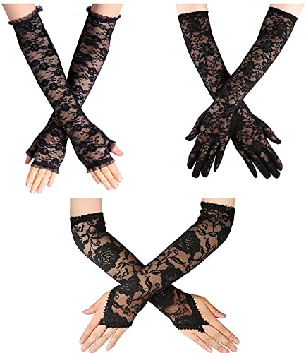 Malaxlx 3 Pairs Long Lace Fingerless Gloves – Bridal & Wedding Opera Gloves for Women