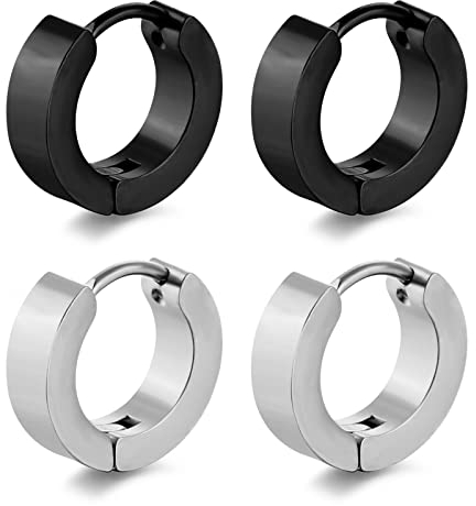 Momeski 2 Paar Edelstahl schwarz silber matt Herren- / Damenohrringe 4mm / 9mm Klassische Creolen (schwarz und silber)