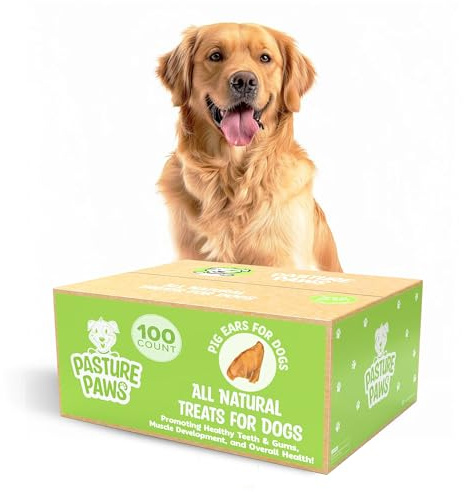 Pasture Paws Pig Ears for Dogs, 100-Pack – Natural Long-Lasting Dog Chews, Preservative-Free Treats, Promotes Healthy Teeth, Gums, and Muscle Development