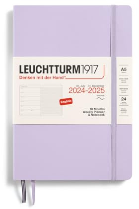 LEUCHTTURM1917 370809 Agenda semanal y cuaderno 2025, tamaño mediano A5, tapa blanda, planificador de 18 meses, a rayas, color morado