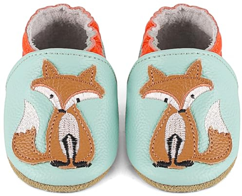 LACOFIA Zapatos de Cuero Suave para Bebé Zapatos Primeros Pasos Calzado Bebé Niño Pantuflas con Suela Blanda Antideslizante Zorro Azul Claro 18-24 Meses