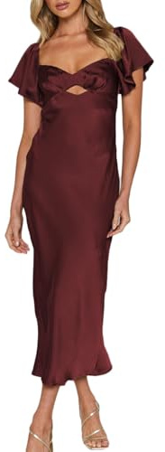 Vestido de cóctel de satén con mangas voladas para mujer, vestido de cóctel midi con escote corazón recortado y lazo en la espalda, Borgoña, S