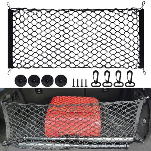 Gepäcknetz, Elastisch Kofferraum Netz, Aufbewahrungsnetz, Kofferraumnetz Auto, Kofferraum Gepäcknetz, mit 4 Haken, für die Meisten Autos, 90x40cm Erstreckt Sich auf 120x50cm, Doppelschicht, Schwarz
