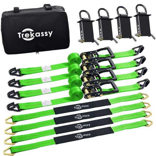 Trekassy Car Tie Down Straps for Trailers with Stake Pocket D Ring, Trailer Ratchet Straps for Car Truck, UTV & More, 10,000lbs Break Strength (Green)