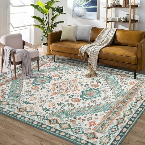 LuxFocus Alfombra lavable a máquina, color naranja y verde, alfombra de salón de pelo corto, alfombra grande, diseño oriental, alfombra de suelo, ropa de cama, parte inferior antideslizante,