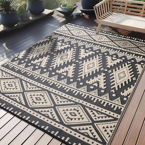 Homaxy Waterproof Outdoor Rug, 180x270cm, Black & Beige | Anti-slip Reversible UV Resistant Garden Rugs, Easy Cleaning Carpet Patio Area Rugs for Camping, Beach, Picnic, Backyard