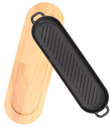 Garneck Plancha Para Bistec De Hierro Fundido Gruesa Con Doble Asa y Base De Madera Antideslizante, Adecuado Para Cocina Doméstica y Parrilla, Sartén Rectangular Para Filetes y Barbacoa