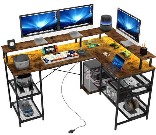 HOMCOM L Shaped Gaming Desk with LED Lights and Power Outlets, 150cm Corner Computer Desk with Monitor Stand and Storage Shelves, Home Office Desk for Small Space, Rustic Brown