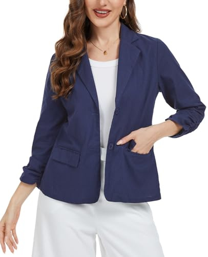 YOUNIFIZ Linen Blend Blazer Women Lightweight 2025 Casual Jackets Summer Blazers for Womens Suits Dark Blue