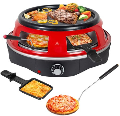 Todeco Four à pizza électrique 3 en 1 pour 6 personnes, 1200W, avec 6 mini pelles à pizza, 6 Poêle à fromage, Plat de cuisson amovible, pour mini pizza de ⌀ 10 cm, griller et crêpes