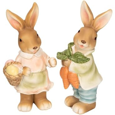 Ideen mit Herz Figuras decorativas de pareja de conejos, 2 figuras de conejos con zanahorias y huevos de Pascua, decoración de Pascua, aprox. 14 cm de alto (diseño 1)