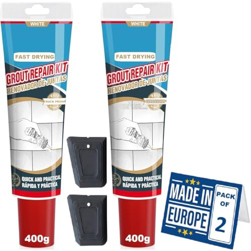Waterproof White Grout Repair Kit Ready Mixed, 400g x 2PCs FAST DRYING, EXTRA VOLUME Anti Mould White Tile Grout Reviver for Shower, Bathroom, Kitchen, Quick Drying Tile Gap Filler Ready Mixed