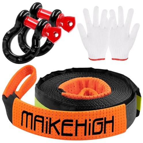 MAIKEHIGH Eslinga 10 Toneladas, 5M x 5cm Cuerda para Remolque Coche con 2 Guantes, 2 Grilletes Reforzados para Recuperación Vehículo (Negro-Naranja)