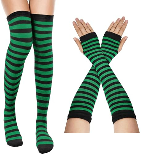 MESU Women Striped Thigh High Socks and Fingerless Gloves Set for Cosplay Costumen Black Green