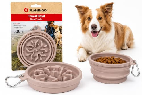 ciotola per cani - slow feeder Nino tortora pieghevole - anti ingozzamento con moschettone - 500ml