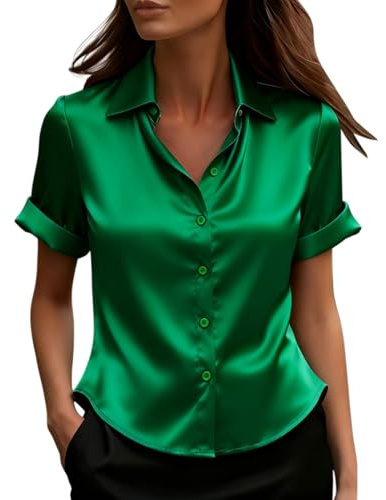 Camicetta Donna Elegante in Raso Lucido Colori Vari Camicia da Lavoro Donna Scollo a V Manica Corta Blusa Casual Comoda per Tutti i Giorni Ideale per Ufficio e Serate Top Tempo Libero Taglie S-3XL