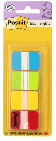 Post-it Sticky Tabs, 1 in. x 1.5 in., 4 Pads of Book Tabs in Assorted Colors for Bookmarking, Annotating, Reading, and Reminders, Green, Blue, Red, and Yellow Colors (88 Total Count)