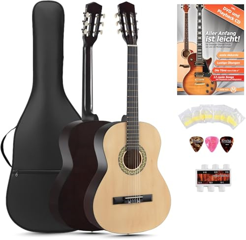 Classic Cantabile Acoustic Series AS-851-L Chitarra Classica 7/8 per Mancini Starter-SET (chitarra da concerto, borsa/custodia, scuola, CD, DVD, plettro, corde, diapason) naturale