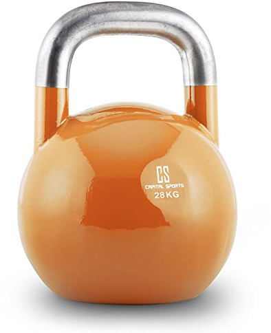 CAPITAL SPORTS Compket Competition Kettlebell - Kugelhantel mit geglättetem Hantelgriff, Stahl Kettlebells mit abgeflachtem Boden, Schwunghantel, Studio Qualität, Wettkampfnorm, 28 kg, orange
