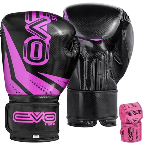 Evo Fitness Ladies Pink GEL Rex Leather Boxing Gloves Punch Bag MMA Muay Thai Martial Arts Kick Boxing (PINK, 8oz)