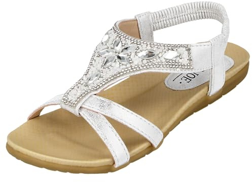 Jo & Joe Ladies Faux Leather Open Toe Sling Back T-Bar Diamante Gem Stone Flat Gladiator Summer Sandals Size 3-8