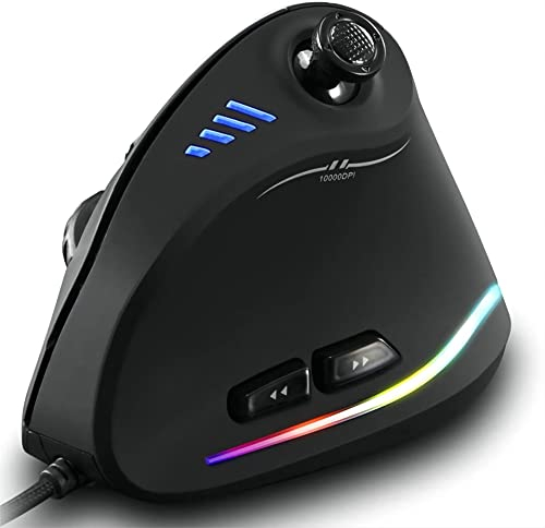 TKMARS Vertikale Gaming Maus, Kabelmaus mit Joystick, 10000 DPI, 11 programmierbare Tasten, vertikale ergonomische Maus, optische USB-Computermaus, PC-Gaming-Maus für Laptop, PC, Schwarz