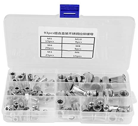 Inserto filettato 93 pezzi, 1 scatola portatile M3, M4, M5, M6, M8, M10 Set di dadi per rivetti ciechi in acciaio inossidabile 304 non facile da arrugginire