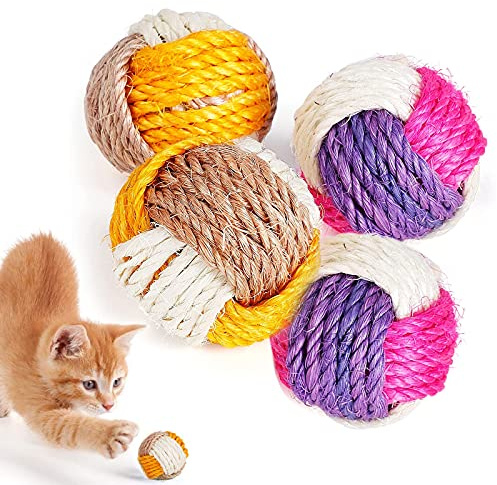 Seasboes 4 Stück Sisal Seilball, Katze Sisal Ball, Katzenspielzeug Bälle, Umweltfreundliche Kätzchen Bälle, Haustier Kratzball, Interaktiver Sisalball für Haustier Katzen Spielen