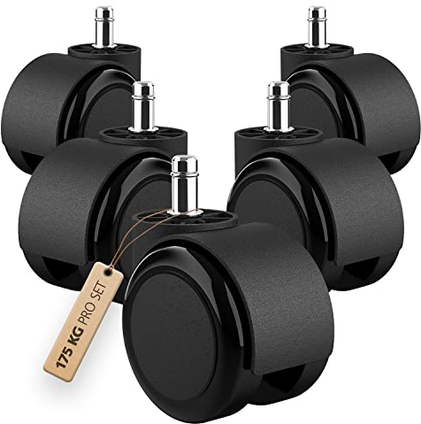 RAVN HAMAN Juego de 5 Ruedas para sillas giratorias de oficina 11 mm x 22 mm - Ruedas para suelos duros de hasta 175 kg - Fácil instalación sin herramientas, Poliuretano (PU), negro