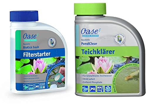 OASE 43145 AquaActiv BioKick Fresh 500 ml für 10.000 l - Filterbakterien Starterbakterien & 43140 AquaActiv PondClear Teichklärer 500 ml - Teichpflege | Sofortwirkung | bindet Schwebealgen