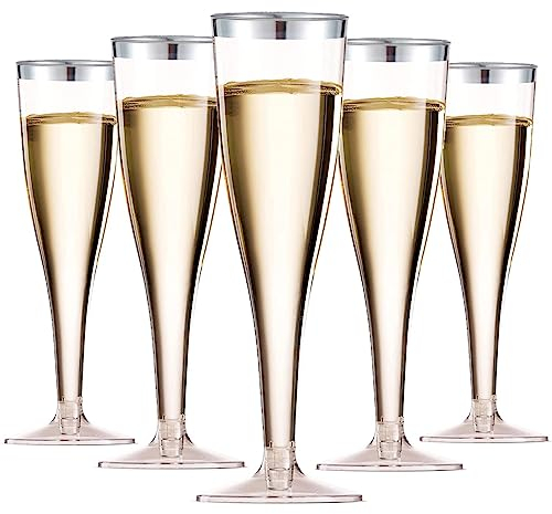 LATERN 50Pcs Silver Rimmed Champagne Flutes, 150ml Plastic Champagne Glasses Reusable Stemmed Party Wine Cups for Garden Wedding Anniversary Shower Parties (5 x 17cm)