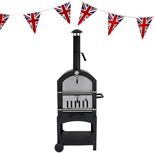 Horno de pizza para exteriores, portátil, para barbacoa, ahumador, pizza, chimenea, ventilación, medidor de temperatura, estante de almacenamiento y banderines de Union Jack, 25 banderas triangulares,
